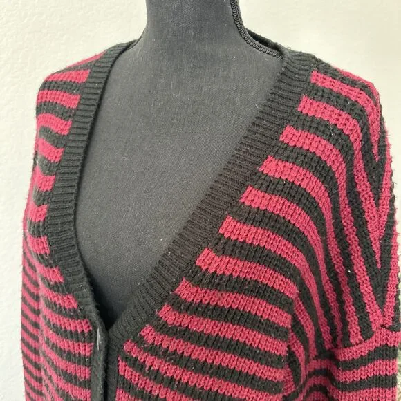 Hot Topic Long Cardigan Sweater, Red, Black, Striped Emo Size Medium Button Down - Picture 2 of 14